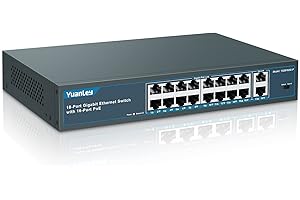YuanLey 18 Puertos Gigabit PoE Switch , 16 Puertos PoE+ 1000Mbps, 2 Gigabit Uplink, 250W 802.3af/at, Escritorio de Metal/ Montaje en Bastidor, Conmutador de Red Plug and Play no Administrado