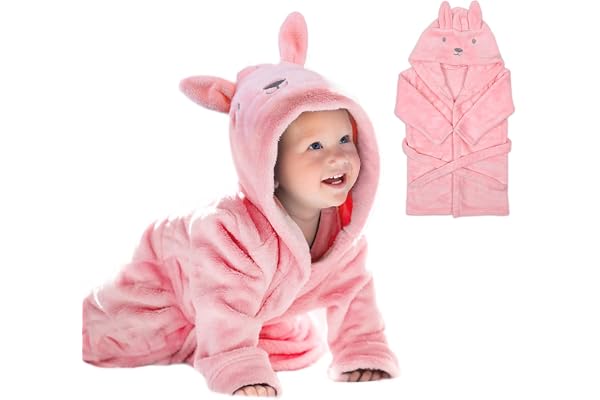 URAQT Baby Badrock för Flickor, 3D-rosa Kanin Babymorgonklänning, Supermjuk Flanell Med Huva, Djur Baby Badrock Sovkläder Bebis Gåvor för 0-3 år Gammal