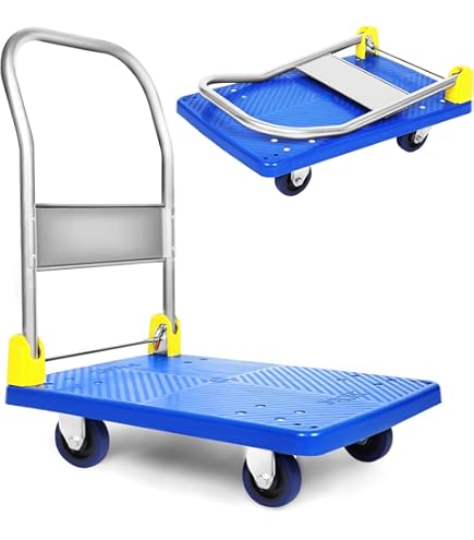 Chariot à Plateforme Draper 44005 - Capacité 150kg, Poignée Pliante, Dimensions 630x480x850mm, Bords Caoutchoutés, Bleu