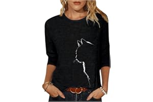 DAWWOTI Femmes Manches Longues T-Shirts Plus La Taille Multi Couleur Chat Imprimer Hauts Casual Ras du Cou