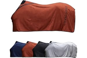 Covalliero - Fleecedecke – Pferde Abschwitzdecke – Decke mit Widerristpolster aus Fell, Kreuzgurten, Brustschnalle & Schweifriemen – atmungsaktive Pferdedecke in Rust – Größe 155cm
