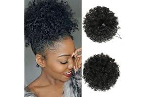 BLEXCO Afro Puff Drawstring Ponytail for Black Women High Puff Drawstring Short Ponytail Bun Afro Kinky Curly Ponytail Hairpieces with Clip In (1B#)
