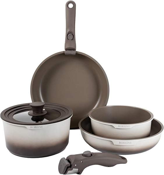 BOREINE Juego de Ollas y Sartenes 7 Piezas, Batería de Cocina Antiadherente, Mango Desmontable, Apta para Inducción, Gas, Vitrocerámica y Horno, No Tóxico Sin PFOA, Colección Café Latte - 1