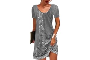 GRMLRPT Damska sukienka z krótkim rękawem i okrągłym dekoltem, w stylu boho, letnia sukienka, mini sukienka, nadruk kwiatowy, luźna tunika, sukienka na czas wolny (wielokolorowa, S)