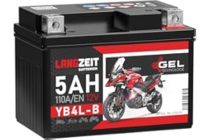 ‎LANGZEIT BATTERIEN LANGZEIT YB4L-B GEL Roller Batterie 12V 5Ah 110A/EN GEL Batterie 12V Motorradbatterie doppelte Lebensdauer entspricht CB4L-B 50411 12N4-3B YB4L-A ersetzt 4Ah vorgeladen auslaufsicher wartungsfrei