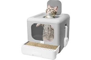 FAYDUDU Cat Litter Tray with Hood Top Entry Cat Litter Box Extra Large Cat Litter Trays with Lid Enclosed Cat Litter Box XXL Cat Toilet with Scoop (GRAY)