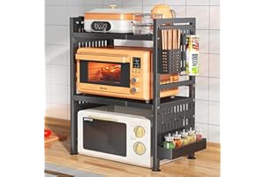 Whemyreat Soporte Extensible Para Microondas,Estante De Microondas De Acero Al Carbono,Soporte Microondas Ajustable 2 Niveles Con Organizador Especias,Soporte De Almacenamiento De Vajilla (2 Niveles)