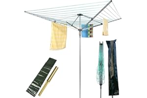 IFJA Aluminium 4 Arm 60M Retractable Rotary Airer for Clothes | Outdoor Clothes Airer with Rust Proof Washing Line Spike and Parasol Cover | Heavy Duty Rotary Washing Line Outdoor