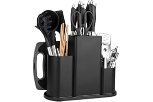 SAMLONGE Bloc Couteaux Vide Carré, 4 en 1 Bloc à Couteaux Universel, Porte Couteaux de Cuisine Stable, Support Rangement Couteaux, Range Couteaux Grand Volume avec Trou Vidange & Fentes de Ustensiles (Noir)