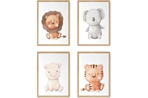 HappyArts® | Kinderzimmer Bilder A4 Poster 4er Set Deko Mädchen Junge Babyzimmer | Tiermotive Aquarell Modern Löwe Koala Tiger OHNE RAHMEN …