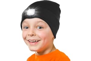 Attikee LED Lighted Beanie Cap for Kids, Rechargeable 4 LED Headlamp Hat, Knitted Winter Hat with Torch for Cycling Running Camping Night Walking, Christmas Novelty Gifts for Boys Girls Kids Children