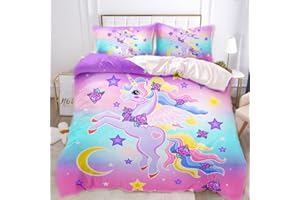 AOXHFNV Rosa Einhorn Bettbezug,süßes Einhorn Wimpern Mädchen Kinder Bettwäsche135×200cm,Einhorn-Motiv Bettwäsche mit 2 Kissenbezügen (135×200cm, Rosa)