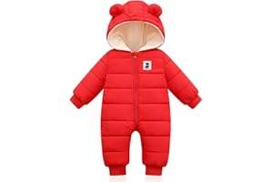 Minizone Bebé Invierno Mamelucos con Capucha, Niñas Niños Ropa Traje de Nieve Manga Larga Fleece Monos Outfits Peleles Calentar Abrigo Regalos 9-12 meses(90),Rojo