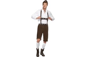 ONLYUNIFORM Smiffys Bavarian Man Costume, Brown with Lederhosen Shorts, Braces, Top & Hat, Around The World Fancy Dress, Adult Dress Up Costumes