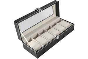 Denkerm Caja de almacenamiento de reloj elegante duradera negra con 6 ranuras, caja de reloj de piel sintética para exhibición de joyas para visualización de reloj