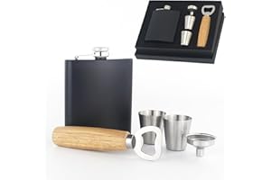 LUPATDY Petaca de acero inoxidable, 210 ml, con dos tazas y abridor de embudo, regalo para padres, hombres, para senderismo, boda, camping, escalada, picnic, color negro