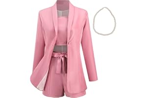 aromm Women's 3 Piece Office Work Suits Long Sleeve Blazer + Tied Shorts + Camisole Summer Casual Formal Outfits & Pearl Necklace