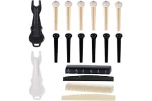 ZEYIYER Piny mostka gitarowego, kołki 12 sztuk białe czarne, piny do gitary akustycznej, wtyki mostka gitary akustycznej, siodełko mostka gitary akustycznej, siodełko gitary akustycznej z narzędziem do