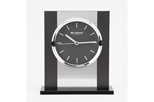 MAISONICA Black Glass & Brushed Silver Aluminium Mantel Clock 20.5cm