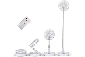 Primevolve 7.5" Ventilador Portatil con 7200mah Batería Recargable, NO-Rotación Ventilador de Pie Plegable para Oficina Viaje, Ventilador Silencioso con Mando a Distancia para Dormitorio-Blanco