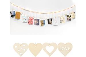 AUBESS Girlanda na zdjęcia 158 cm, z klamerkami i łańcuchem świetlnym LED, dekoracja ścienna w stylu boho z drewnianymi koralikami, klipsami, zawieszkami w kształcie serca, wisząca ilustracja fotograficzna,