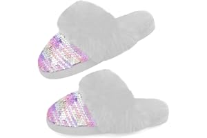 CHUANGLI Girls Fluffy Slippers, Sequin Faux Fur Fuzzy Slip-on House Slippers with Memory Foam House Shoes for Girls Bedroom Slippers