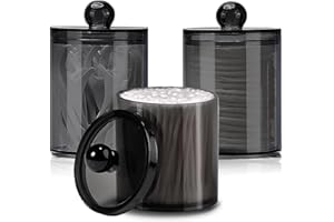 AIMIXUN 3 Pack Cotton Buds Dispenser, Cotton Pad Holder, 10 oz Clear Black Cotton Swab Holder Cotton Round Holder, Apothecary Jar Set Bathroom Canister Storage Organization for Cotton Ball, Round Pads, Floss