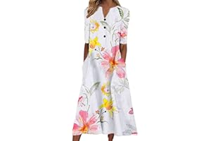 AMhomely Women Dress Sale Clearance Summer Spring V-Neck Printing Pocket Buttons Casual Loose Mid-Calf Dress UK Ladies Dress Party Elegant Beach Dress Club Cocktail Work Dresses Evening Gowns