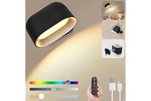 BOOTEEK Lampe Murale Sans Fil,9 Couleurs RGB Applique Murale Rechargeable avec Télécommande et Tactile,3 Températures et Luminosité Réglable, Minuteur,Rotation 360°Magnétique pour Chambre Cuisine-Noir