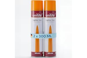 UNILITE® Feuerzeuggas 2 x 300ml mit 6 Adapter – Nachfüllgas für Gasfeuerzeug, Sturmfeuerzeug, Küchenbrenner & Stabfeuerzeug | Butangas Gaskartusche