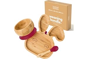 bamboo bamboo Baby Plate & Bowl Weaning Set with Suction for Feeding and Weaning, Bamboo Bunny Toddler Bowl & Spoon, Suction Plates for Babies from 6 Months (Bunny, Cherry)