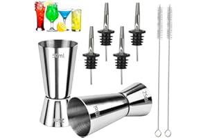 NEW NOAM Spirit Measures 25ml 50ml, 8-Piece Set Stainless Steel Shot Measure Drinks Alcohol Gin Jigger Bar Craft Dual Measuring Cup for Cocktail with 4Pcs Spirits Pourers and 2 Pcs Brushes