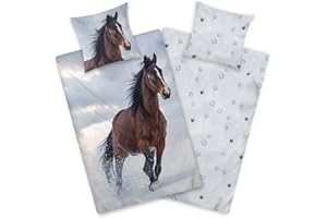 ‎AMINATA KIDS Aminata Kids Pferde-Bettwäsche Biber 135x200 Kinder Baumwolle Pferde-Motiv, Reißverschluss warm & kuschelig, Flanell-Winter-Bettwäsche-Set - Wendebettwäsche mit Sternen blau grau
