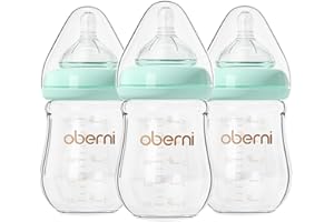 Oberni Anti-Colic Glass Baby Bottles with Slow Flow Breast-Like Silicone Teat, 150ml, 0+ Months, Wide-Neck, Blue/3Pack