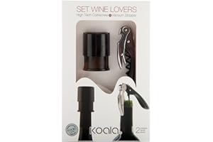 Koala Spain Set Amantes del Vino Negro (2 Piezas), 1 Tapón de Vacío para Vino, 1 Sacacorchos de Dos Tiempos