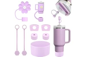 JiangLin Stanley Cup zestaw 9 akcesoriów, awiera 2 pokrywki na słomki Stanley,1 silikonowe etui ochronne na dole,6 silikonowych zatyczek zabezpieczających przed wyciekiem (Liliowy)