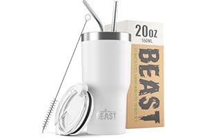 GREENS STEEL BEAST Termo Café para Llevar - 550ml I Blanco Ártico I Taza Térmica de Acero Inoxidable Reusable I Taza Viajera de Doble Pared al Vacío I 2 Pajitas y Cepillo de Limpieza I para Café Frío o Caliente