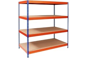 KARAT Étagères à Grande Tenue| Etagère à emboîter, Montage sans Outils| Rayonnages Charges Lourdes| Rayonnage Magasin & Garage| Étagère d'atelier modulable(Bleu-Orange 160 x 150 x 80 cm-4 Niveaux)