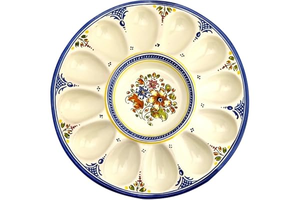 Gónfer - Huevera Plato de Huevos de Cerámica Artesanal Azul - Bandeja Fuente Huevos Rellenos - Fabricado y Pintado a Mano - Capacidad 12 (26,5 cm Ø)