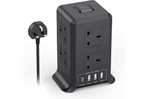 KEMELO Tower Extension Lead with USB Slots, 3 USB-A(5V/2.4A) & 1 Type-C Port(5V/3A) and 8 Outlets Surge Protector Extension Lead with Switches, 2M Extension Cord