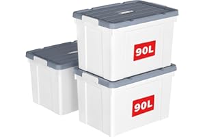 Cetomo 90L*3 Scatole di Stoccaggio in Plastica, Scatole Portaoggetti con Coperchio, Organizzatore con Manico, Contenitori per Casa e Ufficio, Impilabile, Resistente, Bianco, 90L - Confezione da 3