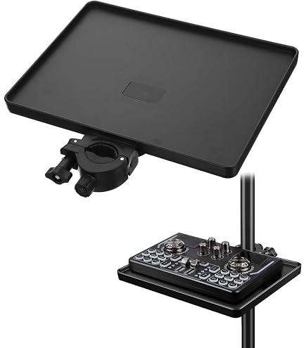 TOPBATHY Supporto Microfono Morsetto su Mensola, Vassoio Portaoggetti Nero per Accessori Audio, Porta Bicchiere e Plettri per Studi Compatti e Podcaster