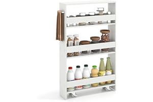 KOMFOTTEU Carrello Portaoggetti a 4 Ripiani, Carrello da Bagno e Cucina con Ruote Rirevoli a 360°, Carrellino Scorrevole con Maniglia, Slim e Sottile, Salvaspazio per Lavanderia (Bianco)