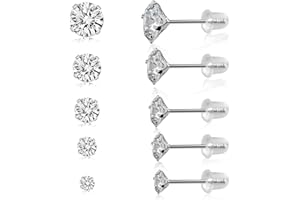 RRICHH 925 Sterling Silver Earrings, 5 Pairs Hypoallergenic Surgical Steel Stud Earrings for Men/Women, Small Huggie Cartilage Sleeper Earrings, 3/4/5/6/7 mm Cubic Zirconia Jewelry Gifts