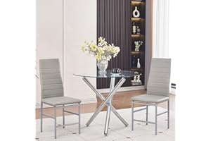TRESBIEN 3 Piece Dining Room Set, Dining Table & Chairs Set for 2, Round Glass Kitchen Table and 2 Grey Leather Chairs with Metal Legs for Balcony, Restaurants, Apartments & Café