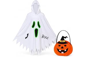 Spökkostym barn, ond själskostym barn med pumpa-sötsaker | Fluorescerande spökansikte, lös kappa med huva, pour halloween, fe