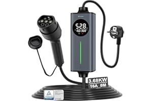 GONEO 8M Cable Recharge Voiture Electrique Type 2 monophasé,Schuko 3,68kW EV Chargeur Portable,Détection de Fuite AC 30mA+DC 6mA & Surveillance Température,Réglage 6A/8A/10A/13A/16A,Minuteur 0-8H