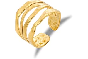 ALEXCRAFT 18K Goldplated Stainless Steel Rings, Hypoallergenic 925 Sterling Silver Large Chunky Wide Hammered Curved Open Rings Adjustable Fixed Stackable Multi Layered Thumb Ring for Women Lady Men