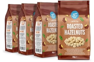 Marca Amazon - Happy Belly Avellanas tostadas sin sal añadida, 500g (Paquete de 4)