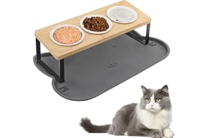 Gamelle Chat Surélevée, Mezzar 15° Incliné Gamelle Chat en Céramique avec Support, 3 Bols pour Surélevée avec Support Tapis pour Chats Chiens et Petits